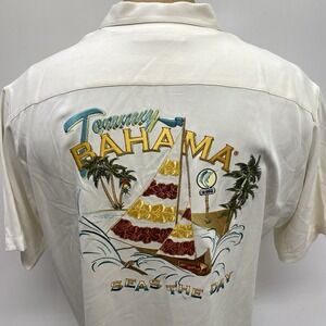 Tommy Bahama "Seas the Day" Embroidery Men's L Aloha Shirt 100% Silk Button Up